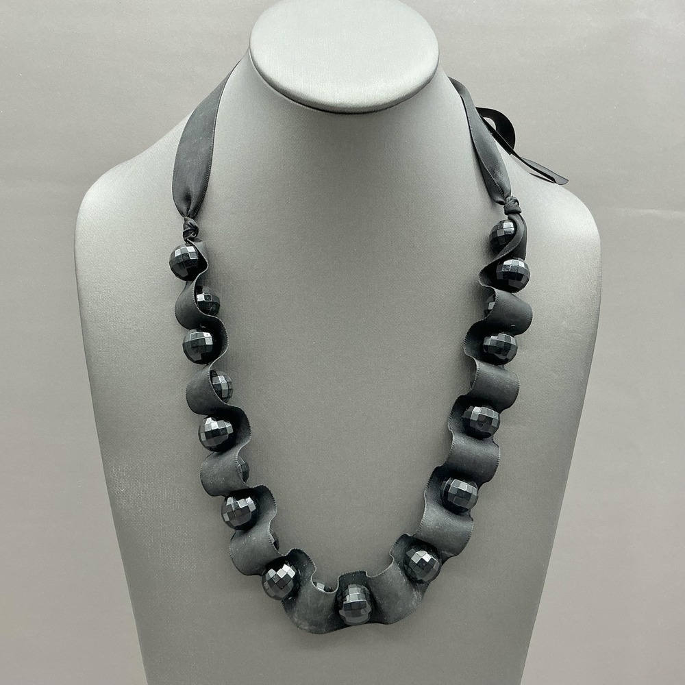 Necklace Black Satin Ribbon Faceted Beads Statement Tie Closure Womens Jewelry